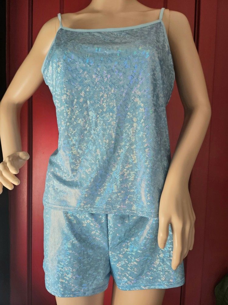 NWOT Sparkly Iridescent Baby Blue Tank Top Shorts Hot Pants Rave Set M 8 10 Jr L