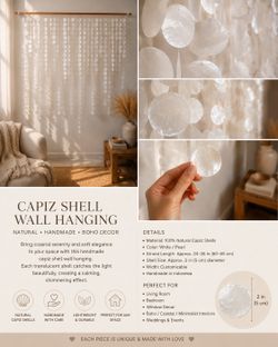 Handmade Natural Capiz Shell Wall Hanging | 55” Wide | Coastal Boho Wall Decor | Large Capiz Shell Curtain | Beach House Decor | Window Hanging