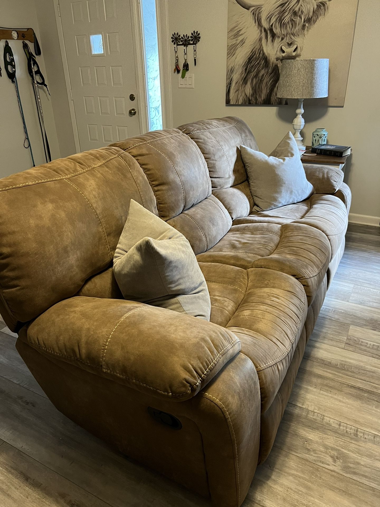 300.00 for both if picked up today, 4/29! Reclining sofa and reclining/rocking loveseat