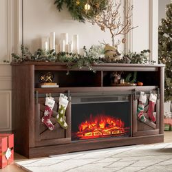 New Fireplace TV Stand for Television up to 65+ Inch with Storage and Farmhouse Sliding Barn Doors, Entertainment Center with Cabinet and Shelves, Med