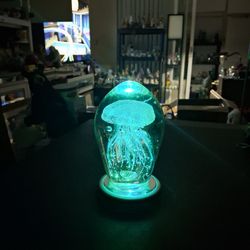 Vintage 90's Jones & Laughlin Large Hand Blown Art Glass Paperweight Bullicante Style Opalescent Ocean Blue Suspended Jellyfish W/Color LED Display