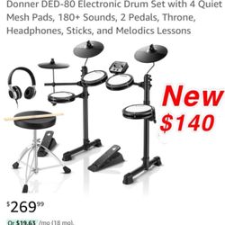 New Donner DED-80 Electronic Drum Set with 4 Quiet Mesh Pads, 180+ Sounds, 2 Pedals, Throne, Headphones, Sticks, $140cash only 