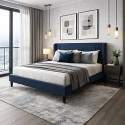 King Size Bed Frame, Velvet Platform Bed with Upholstered Wingback Headboard, No