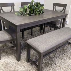 ✅️✅️6 pc bridget ii grey finish wood dining table set padded seat chairs and bench✅️✅️