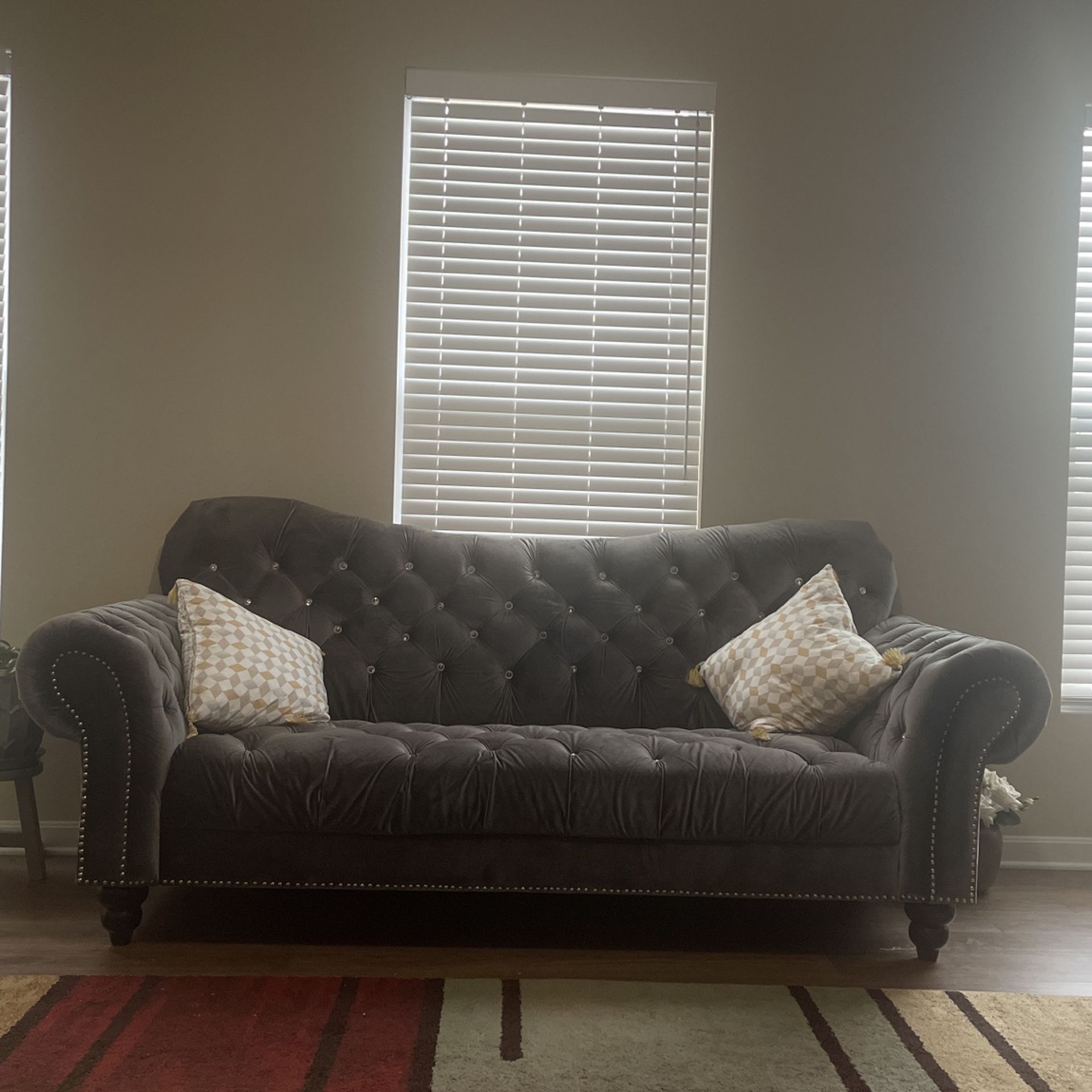 Grey Velvet Tufted Living Room Set( Couch & Loveset)