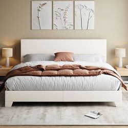 King Size Bed Frame with Adjustable Headboard, Faux Leather Platform Bed with Wood Slats, Heavy Duty Mattress Foundation, No Box Spring Needed, Noise-