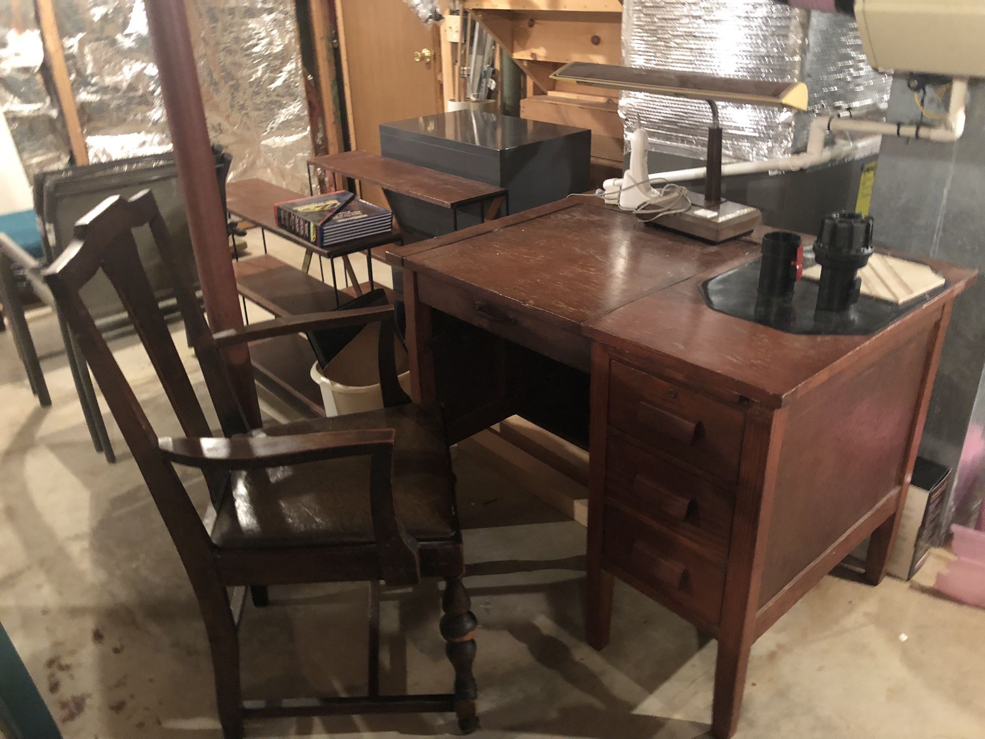 Desk 1940’s Secretary Desk Hardwood , Hardwood Chair, And Desk Lamp
