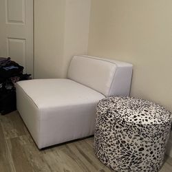 Home Goods White Chair + Animal Print Ottoman (or foot stool)