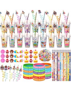 New 24 Sets Classroom Birthday Cup Gifts for Students,Birthday A Reusable Cups with Dome Lids Straws, Pencils Erasers Silicone Bracelets Stickers, Goo