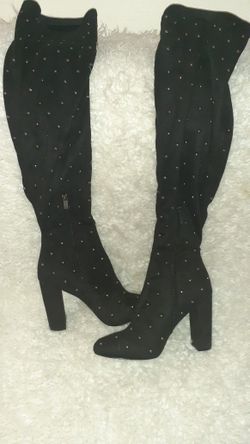 JESSICA SIMPSON THIGH HIGH STUNNING RHINESTONE EMBELLISHED BLACK BOOTS. NEW NEVERWORN/SIZE 8