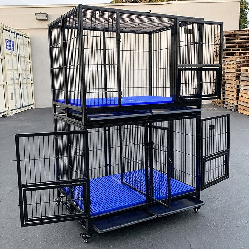 $370 (New in box) Set of 2 stackable dog cage 41x31x65” heavy duty kennel w/ plastic tray