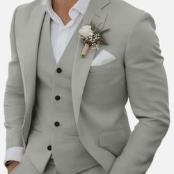 Tiefony 3 Piece Suit For Men Slim Fit Wedding Suits Elegant Linen Jacket Single Breasted Vest Pants Set Light Grey M