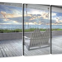 Elephant Stock - Swing At The Beach Wall Art - Horizontal Multi Panel Canvas - 3 Piece Living Room Wall Decor - Photography Beach Sunsets And Sunrises
