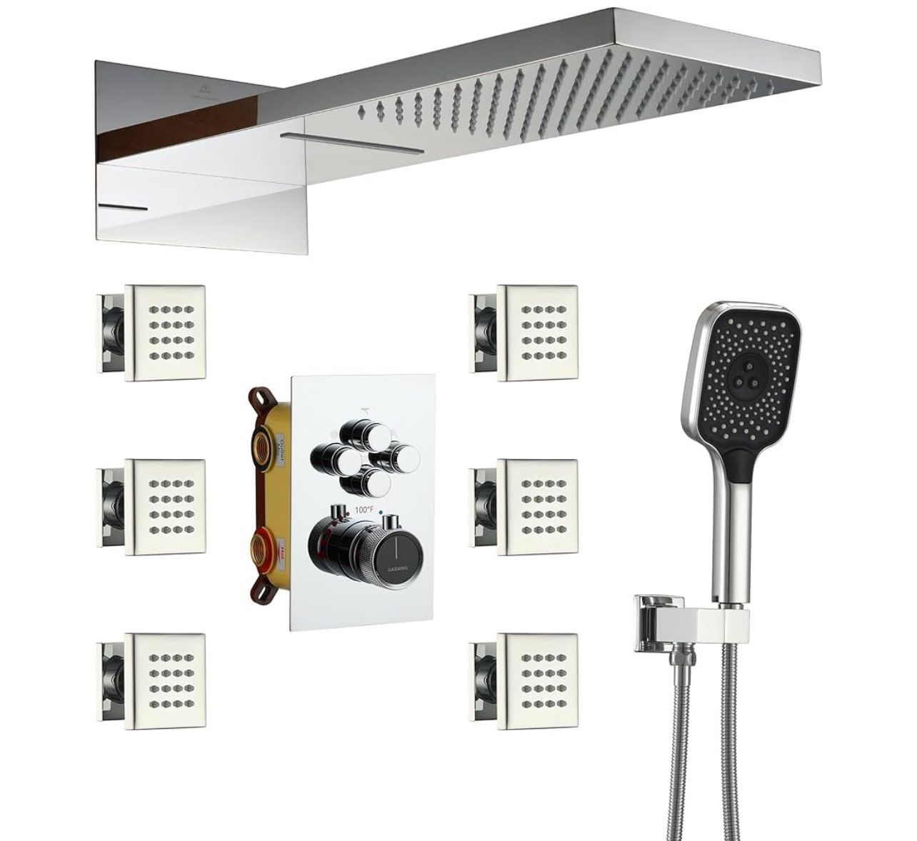 Brand New In The Box - CASAINC 22-Inch Thermostatic Shower System Wall Mounted 4 Function Luxury Rainfall & Waterfall Shower Head with Handheld Spray