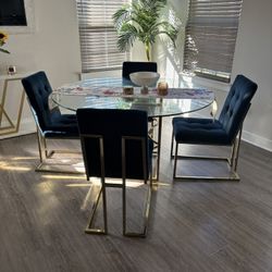 Navy Blue Velvet 5 Piece Dining Ensemble W/gold Metal Finishing 