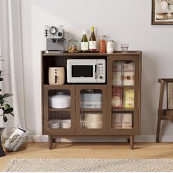 New Solid Wood Sideboard Buffet Cabinet with 3 Glass Doors Storage Cabinet Walnut 