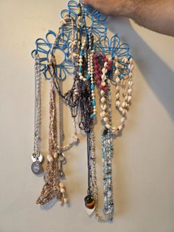 Vintage Bohemian & Shell Jewelry Lot with Blue Metal Flower Wall Organizer