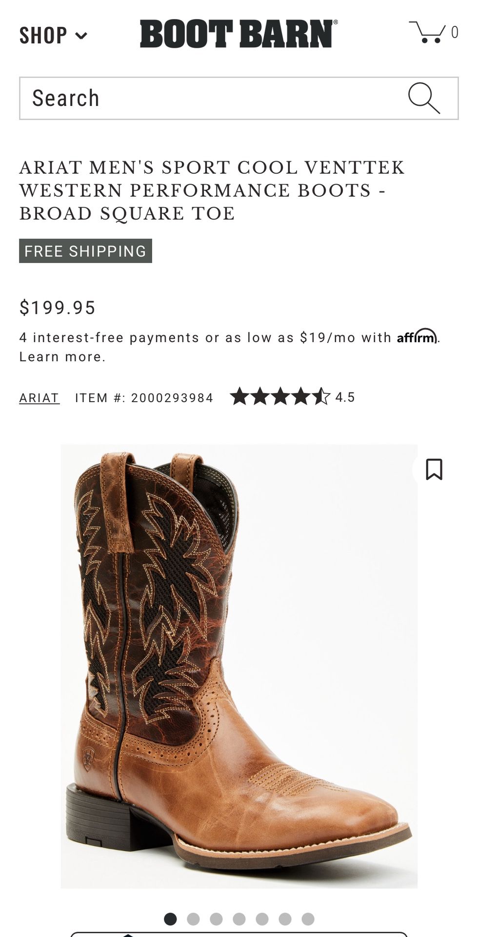 ARIAT MEN'S SPORT COOL VENTTEK WESTERN PERFORMANCE BOOTS - BROAD SQUARE TOE