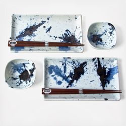 Sushi Set Blue & White with Geometric Symbol 8 Pcs  with Chopsticks Service For 8
