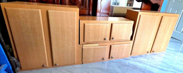 Various preown Kitchen wall cabinets & base in Honey Birch color. For organization in the kitchen, garage, bedroom, bathroom, or a office.