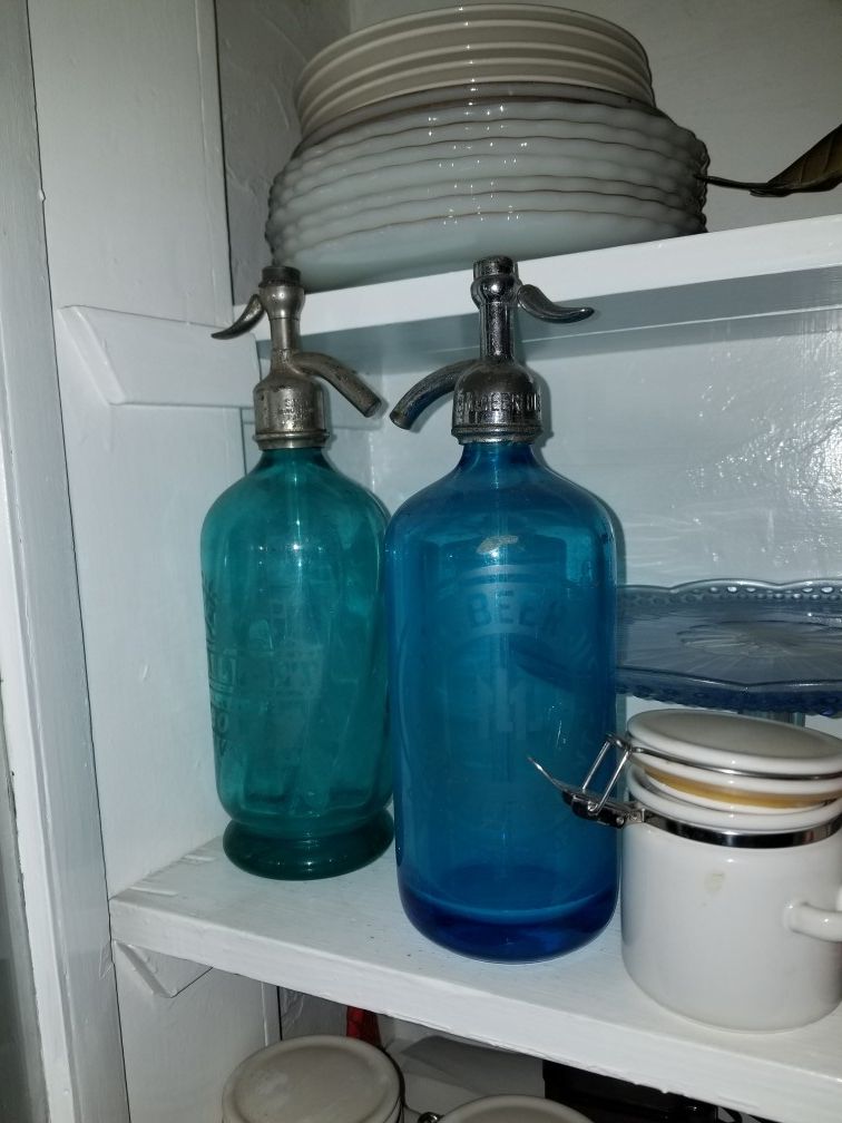2 Vintage Seltzer Bottle Retro Blue Glass! Amazing