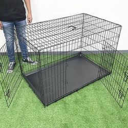 (NEW) $75 Folding 48” Dog Cage 2-Door Pet Crate Kennel w/ Tray 48”x29”x32” 