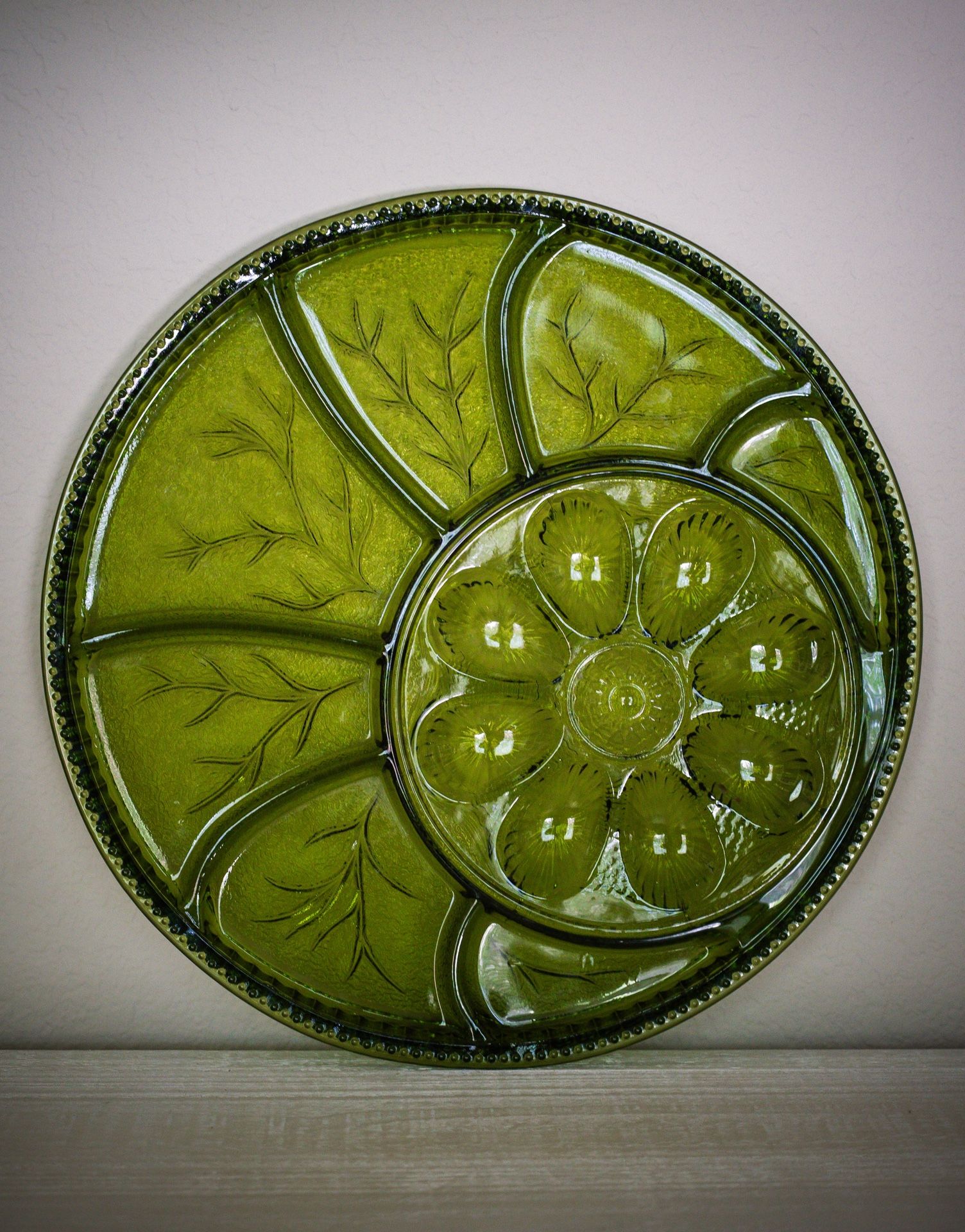 Green Vintage Indiana Glass  Deviled Egg and Hors D’oeuvres Platter  