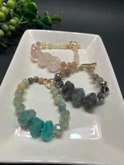 Irregular Natural Stone Open Bracelet Round Glass Beads Clasp Bracelet, Each $12