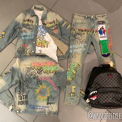Graffiti denim jeans + jacket + T-shirt