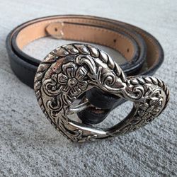 Cimarron Belt Corp Black Leather Western Belt Size 32 | Heart Silver Buckle | Made in USA | 38”