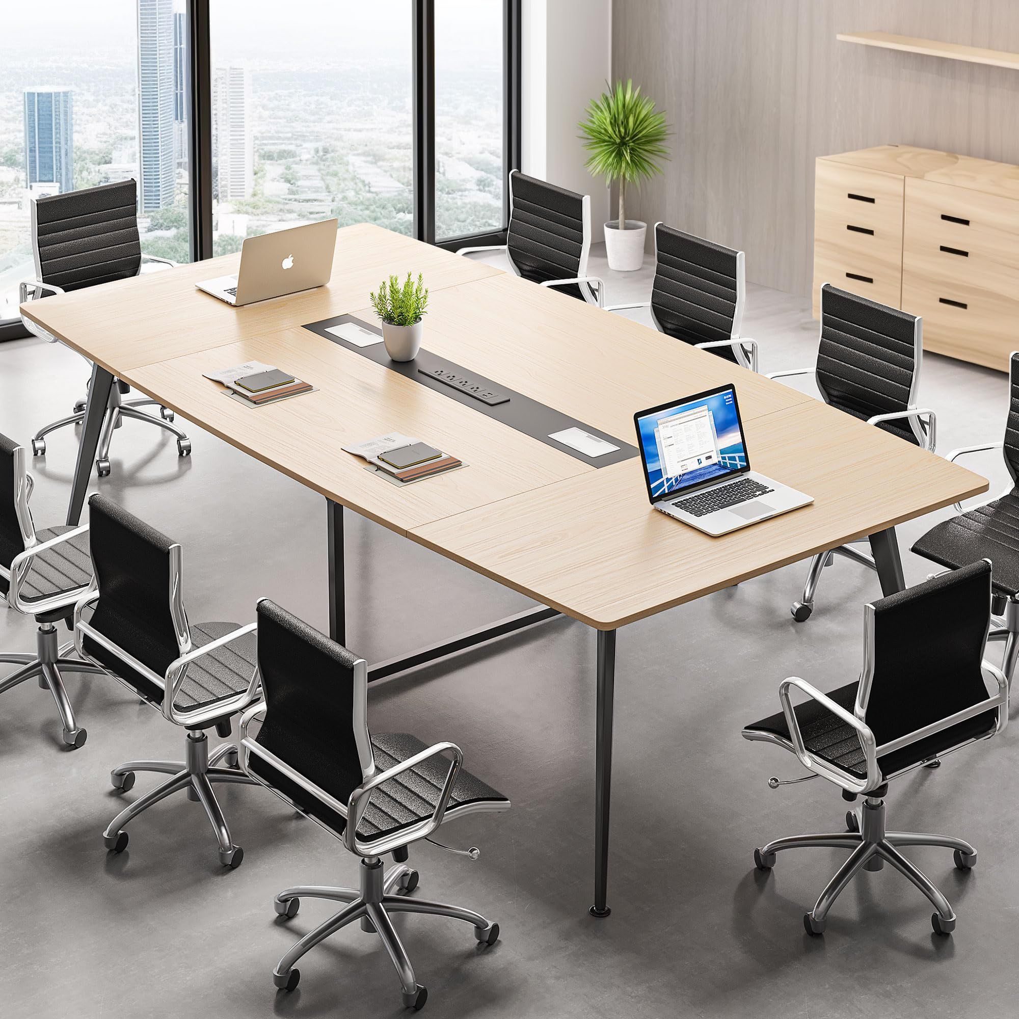 8FT Conference Table with Power Outlets, 94.5 Inches Boat Shaped Meeting Table with Rectangle Grommet