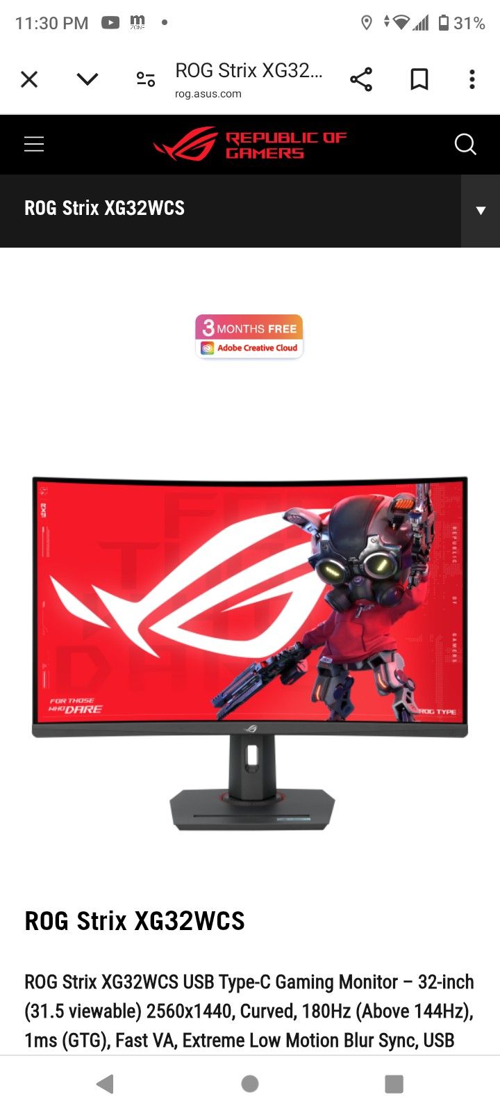 Asus Rog Strix XG32WCS 32" Gaming Monitor