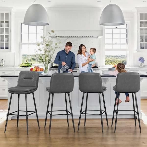 30 in. Gray Metal Frame Faux Leather Upholstered Bar Chairs Armless Bar Stools with Back and Footrest (Set of 4)