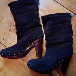 Michael Kors Brown Fur Trim Studded Mid-Calf Bootie Block Heel Lined Size 8.5