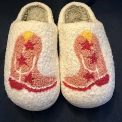 Cozy White Slippers With Cowboy Boot Design