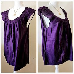 Size Medium Tommy Hilfiger Plum Purple Cotton Cap Sleeve Ruffled Scoop Neck Women's Tank Top Summer Casual Dress Shirt. 100% Cotton. 

Measures 20".(4