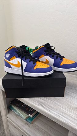5 Y Air Jordan 1 Mid Purple, Yellow, White Sneakers