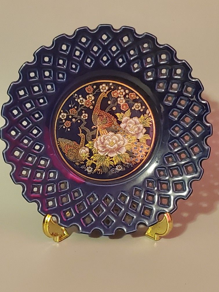 Vintage Cobalt Blue Peacock Plates and China Rose