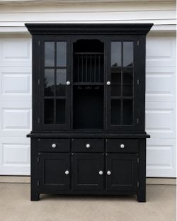 Vintage Black Farmhouse Hutch / Bar & Display Cabinet – Solid Wood