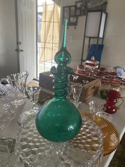 Green Decanter Stopper Crackle Glass Spiral Decorated