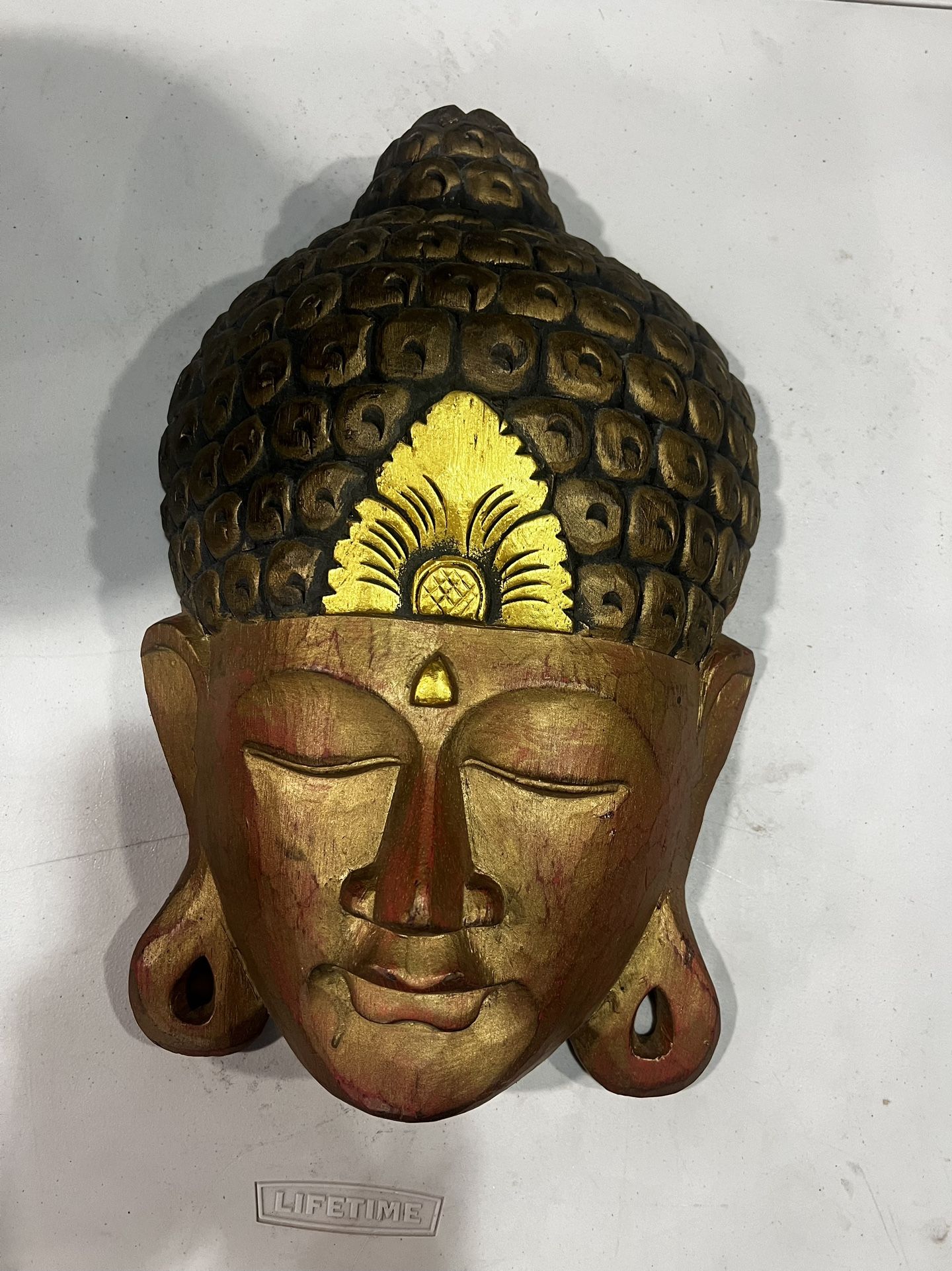 16” tall VINTAGE Wooden Carved Buddha head statue
