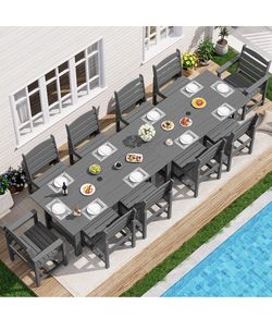 SERWALL Patio Dining Sets for 10 Person, HDPE Dining Set with 2 Tables, 8 Armless Chairs and 2 Armed Dining Chairs, Gray brand new in box $1100 T28/C9