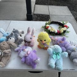 Stuffed animals and Easter wreath
