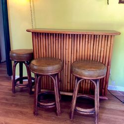 Mid Century Bamboo Rattan Strand Tiki Bar Table Top Atomic MCM Swivel Barstools Standing Desk Lounge Cabinet Shelves Shelf Stools Vinyl Wood 1950s 196