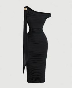 Women One Shoulder Black Bodycon Ruched Dress with Metal Buckle Size L