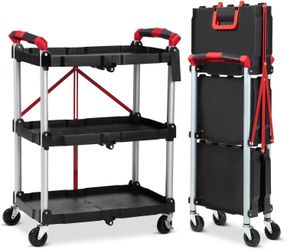 3 Tier Rolling Cart, Collapsible Utility Cart on Wheels with PP Shelves, Portable Food Carts with Lockable 360°Swivel Wheels, Folding Service Carts, T