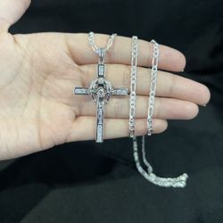 925 Sterling Silver Men's Horseshoe Cross Crucifix CZ & Figaro Chain
