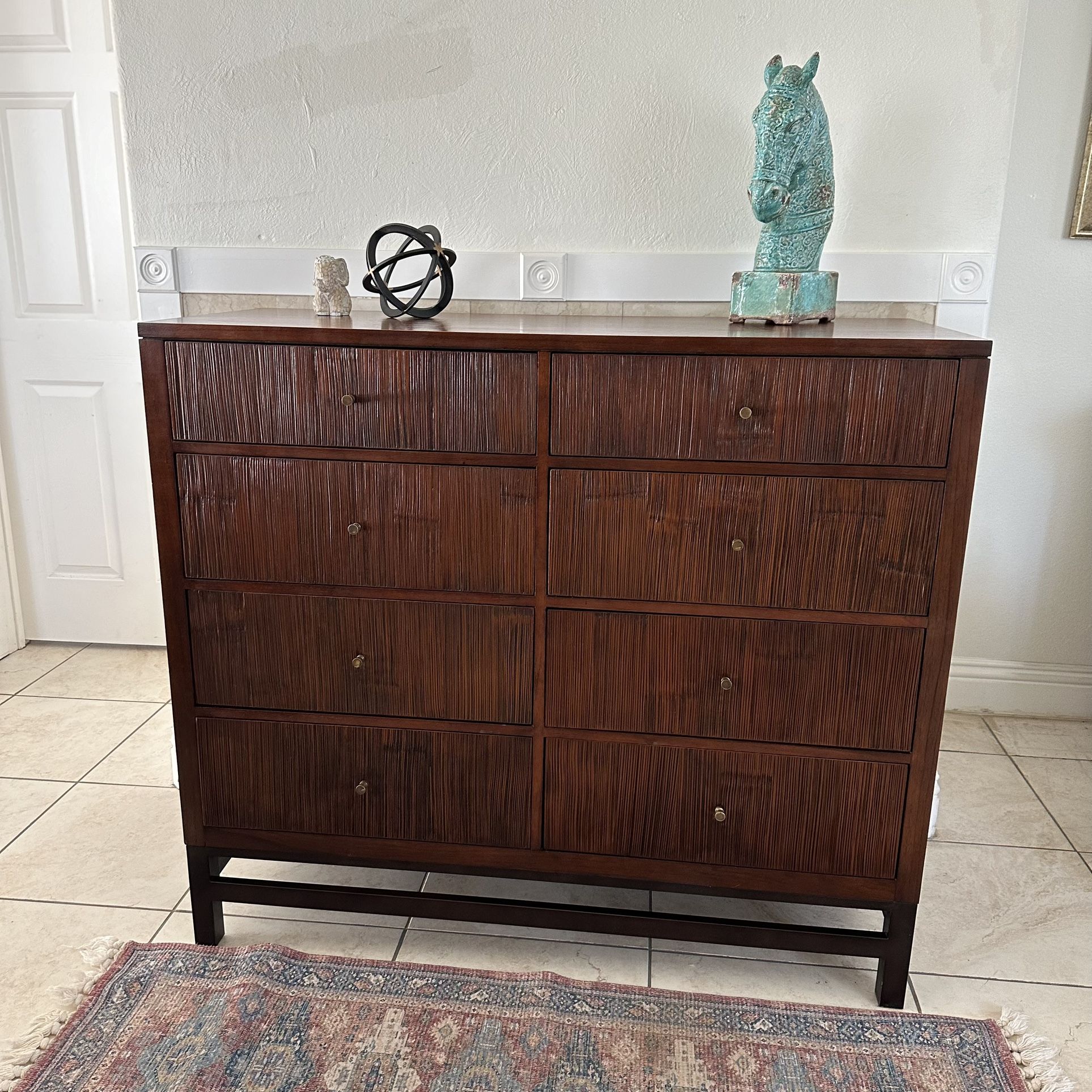 Crate And Barrel Dresser 8 Drawer Walnut Metal Feet Distressed