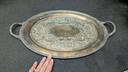 Vintage Silver-Plated Handled Butler Tray – Ornate Oval Serving Platter with Patina