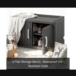 New! 2-Tier Storage Bench, Waterproof UV-Resistant Outdoor Shoe Storage Cabinet with 2 Doors & Adjustable Shelves for Indoor Outdoor Entryway, Hallway